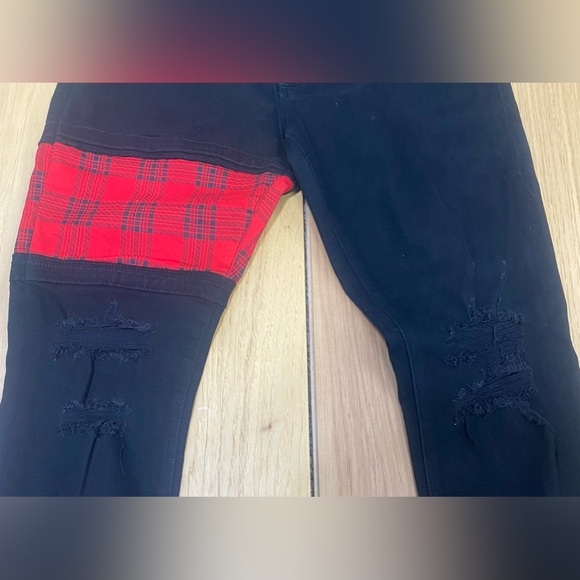 Saint Morta Sideline Distressed Skinny Jeans Men’s 34 Black/ Red Tartan - Picture 7 of 15
